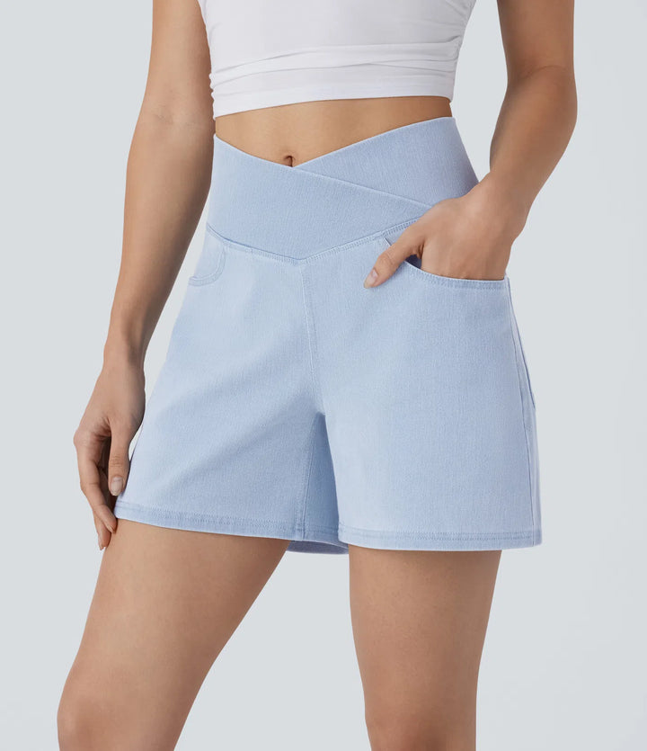 Jean & Marie Short décontracté évasé à jambe large en denim extensible délavé taille haute croisée avec poches multiples