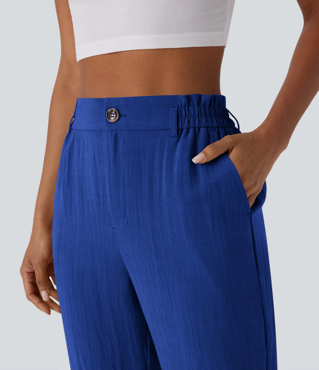 Pantalon capri effet lin taille haute avec poches zippées