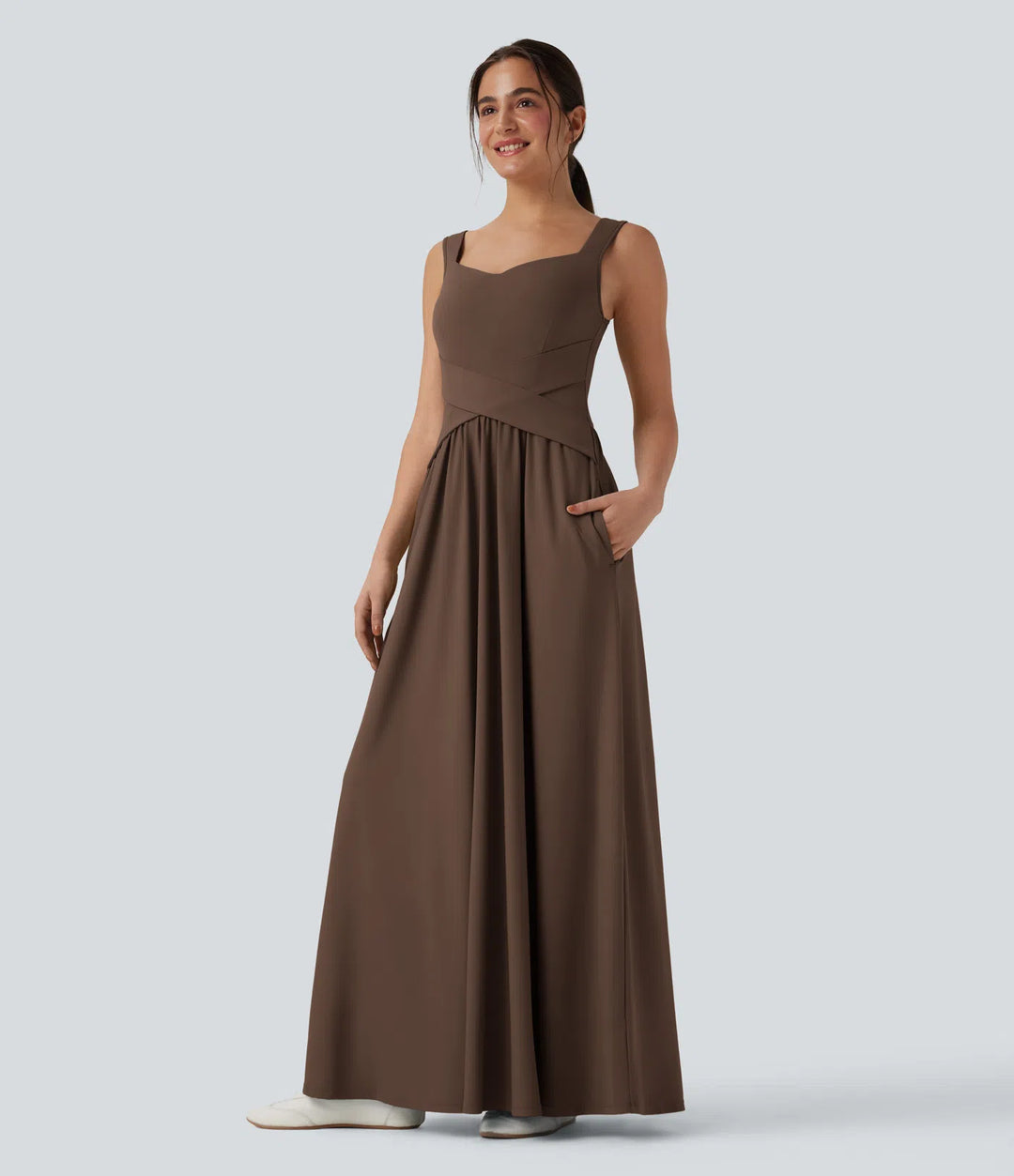 Robe maxi casual fluide dos nu, avec brassière intégrée et poches