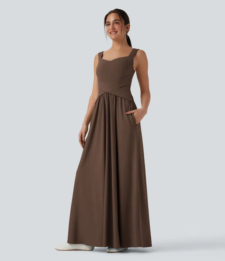 Robe maxi casual fluide dos nu, avec brassière intégrée et poches