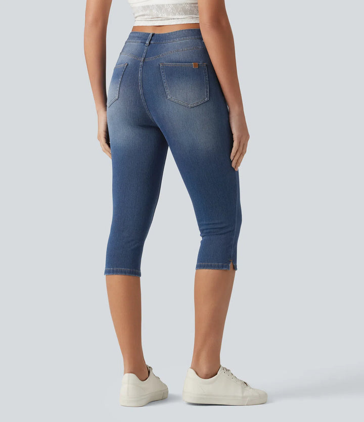 Jean slim casual capri taille haute avec fentes et poches