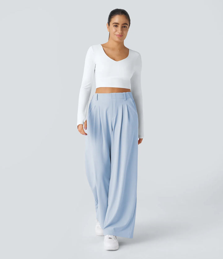 Pantalon Tailleur Large Fluide Gaufré Taille Haute Poches Latérales