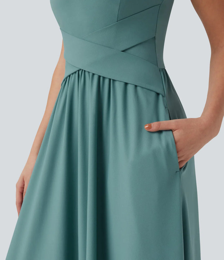 Robe maxi casual fluide dos nu, avec brassière intégrée et poches