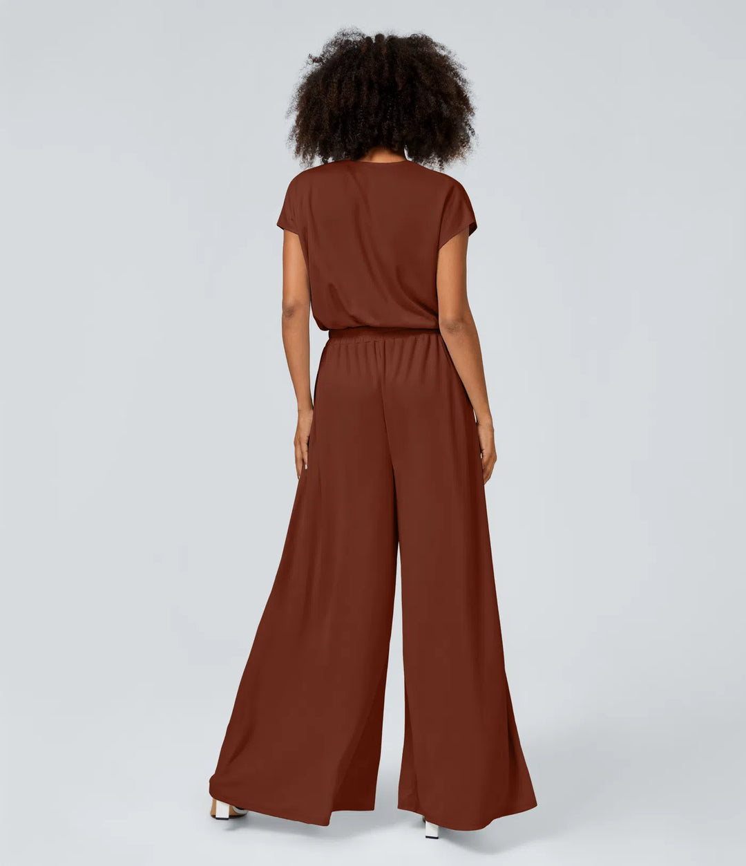 Combinaison Casual Col en V Jambes Large Plissée Manches Courtes Poche Latérale Gaufrée Fluide