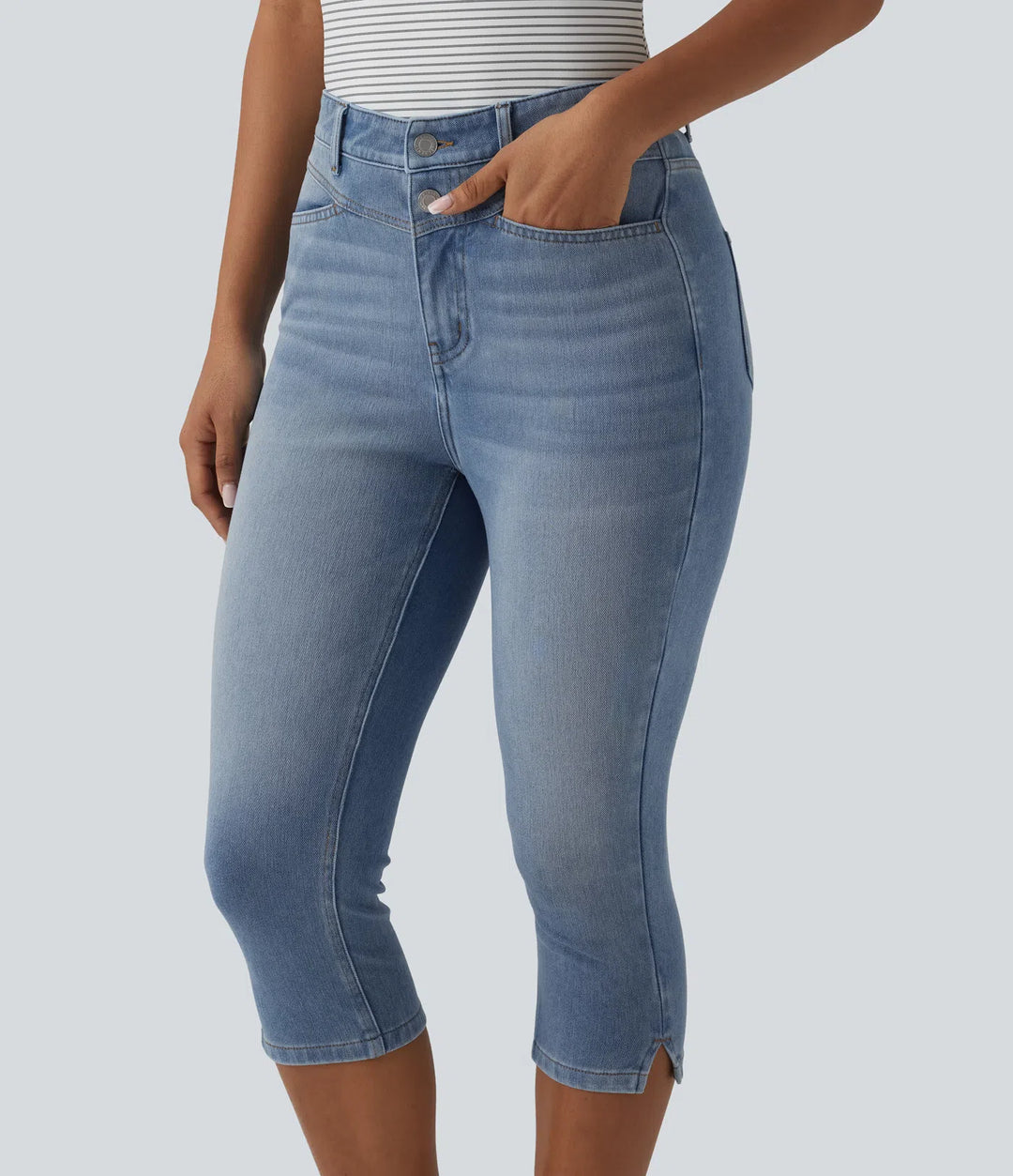 Jean slim casual capri taille haute avec fentes et poches