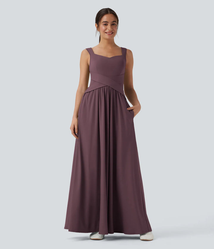Robe maxi casual fluide dos nu, avec brassière intégrée et poches
