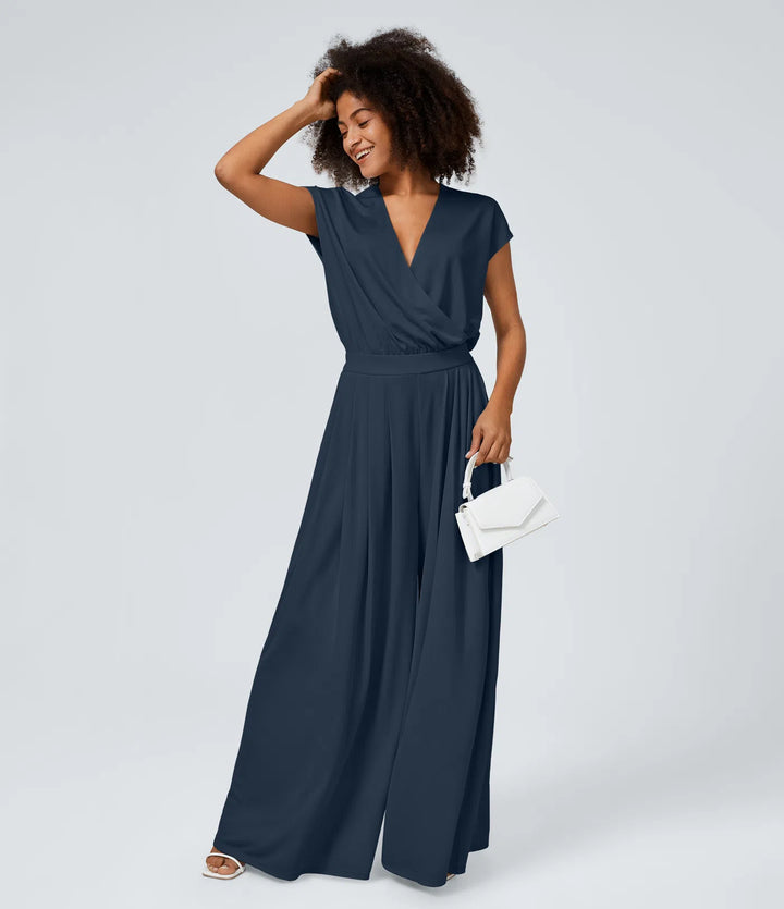 Combinaison Casual Col en V Jambes Large Plissée Manches Courtes Poche Latérale Gaufrée Fluide