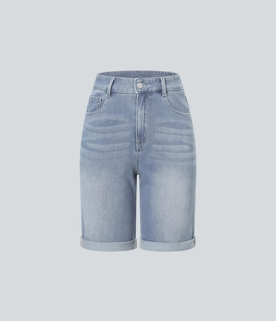 Bermuda décontracté en jean extensible délavé Halara Flex™ taille haute avec revers et multiples poches