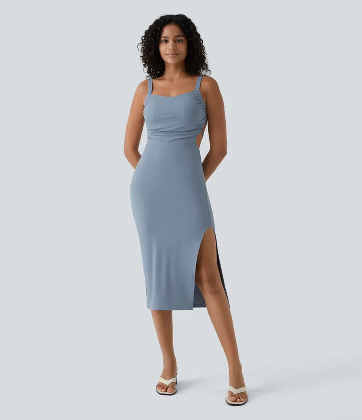 Robe midi casual laquée fendue, brassière intégrée, dos nu croisé
