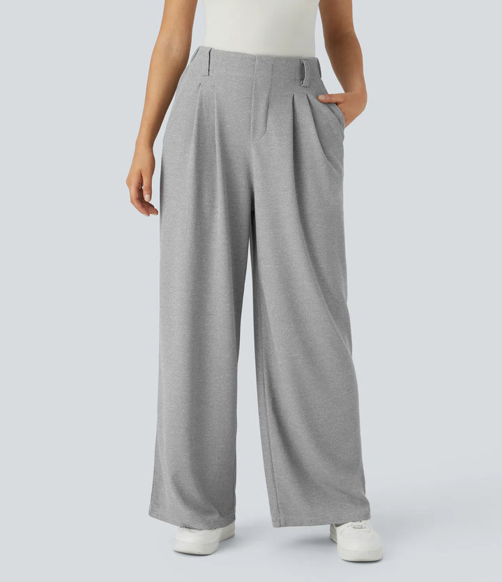 Pantalon fluide à taille haute et jambes larges, en tissu gaufré, avec poches latérales