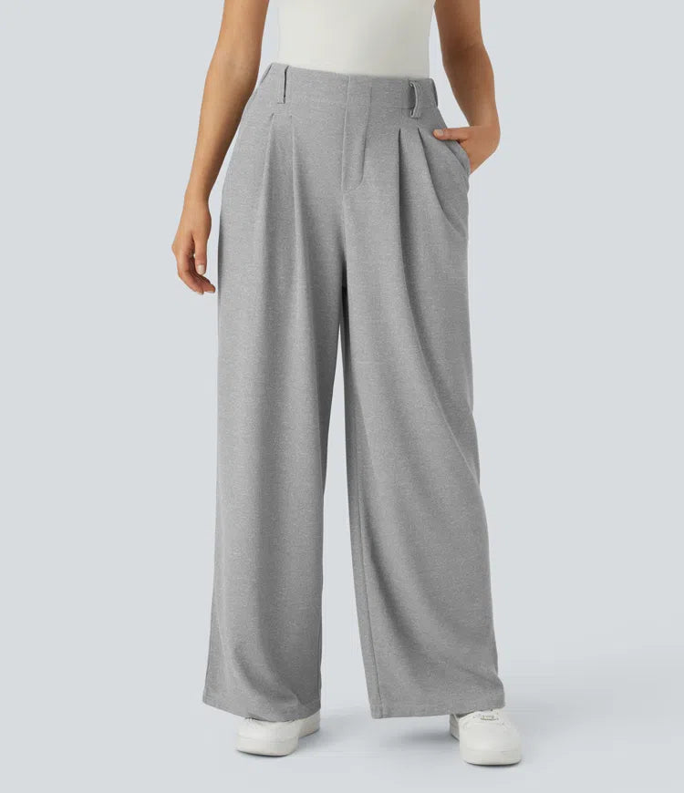 Pantalon fluide à taille haute et jambes larges, en tissu gaufré, avec poches latérales