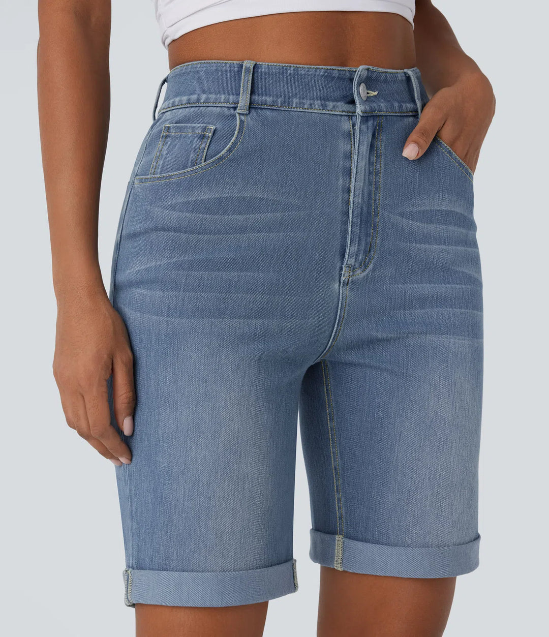 Bermuda décontracté en jean extensible délavé Halara Flex™ taille haute avec revers et multiples poches