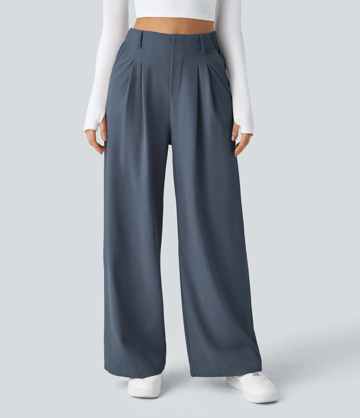 Pantalon Tailleur Large Fluide Gaufré Taille Haute Poches Latérales