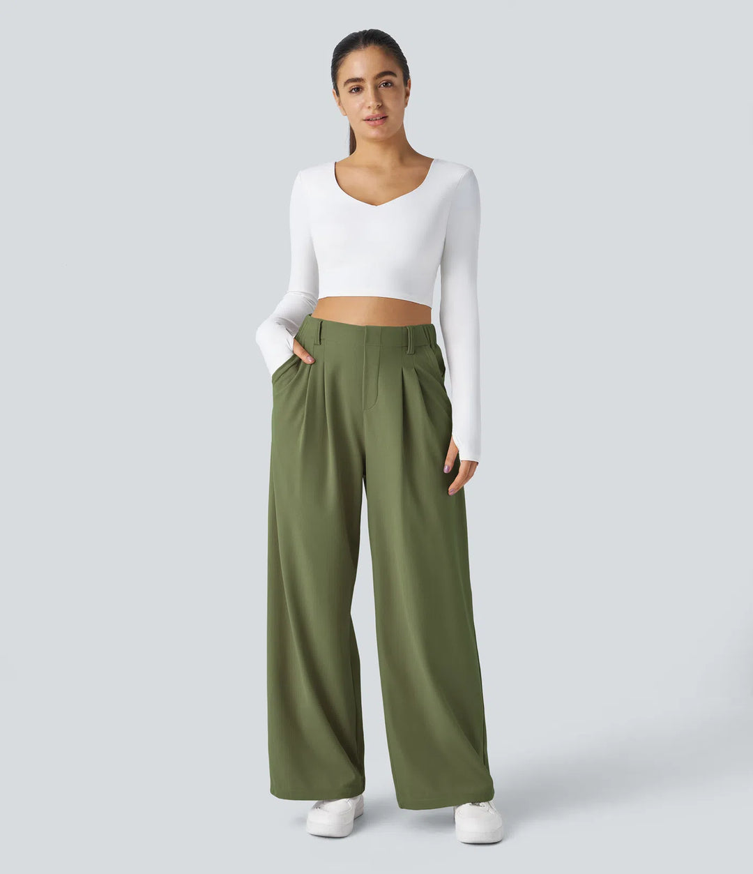 Pantalon Tailleur Large Fluide Gaufré Taille Haute Poches Latérales