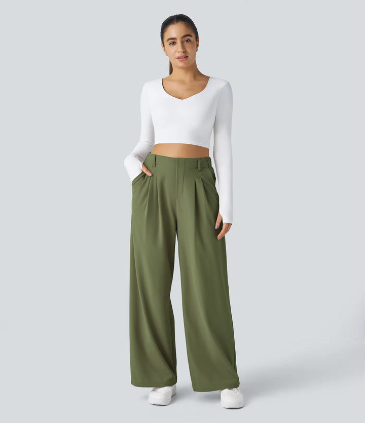Pantalon Tailleur Large Fluide Gaufré Taille Haute Poches Latérales