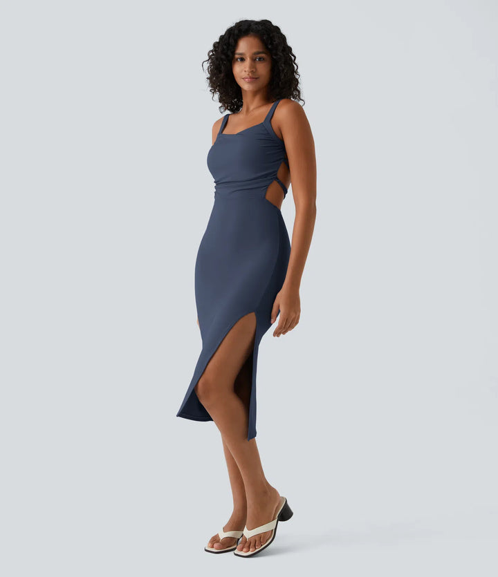 Robe midi casual laquée fendue, brassière intégrée, dos nu croisé