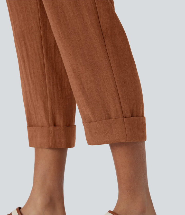 Pantalon capri effet lin taille haute avec poches zippées