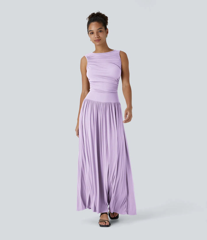 Robe longue décontractée à encolure bateau, bretelles asymétriques, côtés froncés et poches