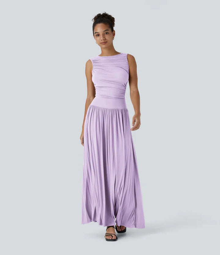 Robe longue décontractée à encolure bateau, bretelles asymétriques, côtés froncés et poches
