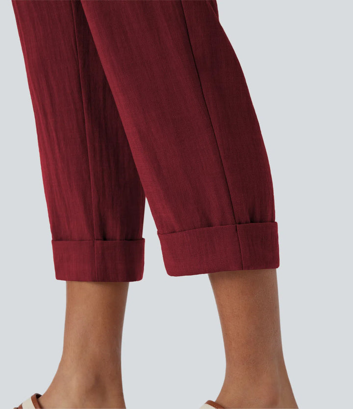 Pantalon capri effet lin taille haute avec poches zippées