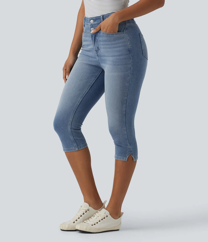 Jean slim casual capri taille haute avec fentes et poches