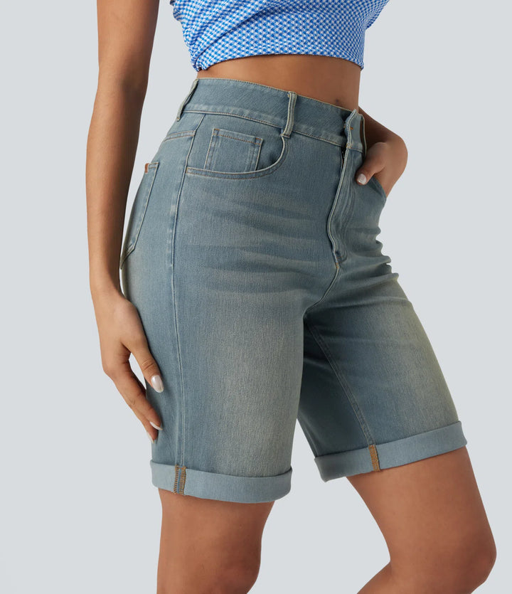 Bermuda décontracté en jean extensible délavé Halara Flex™ taille haute avec revers et multiples poches