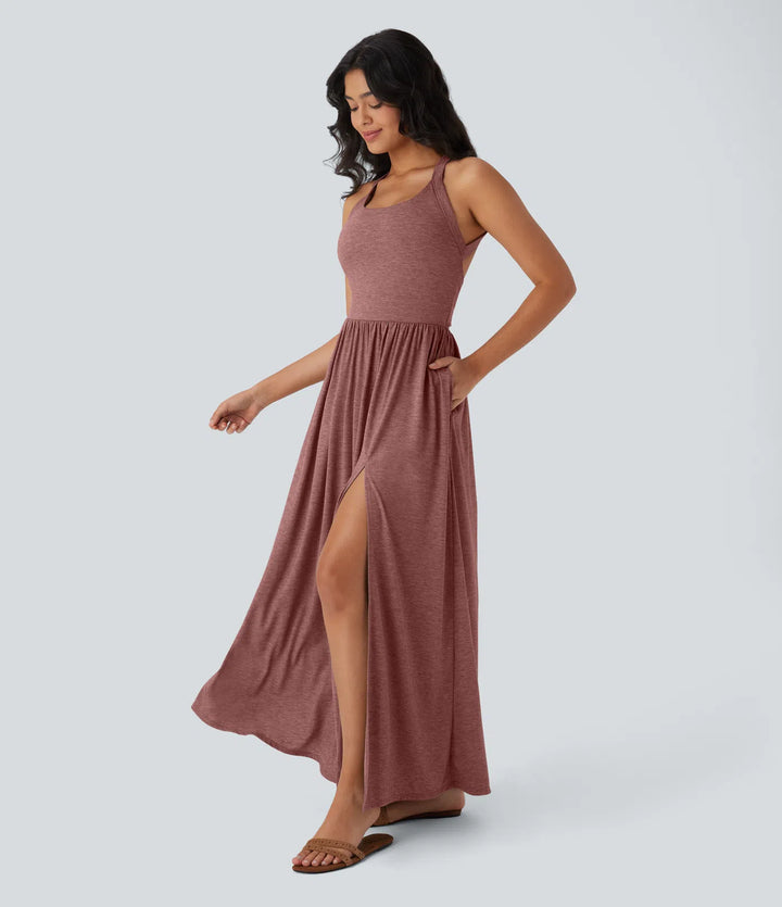 Robe longue fluide fendue avec poches latérales, dos nu et effet torsadé