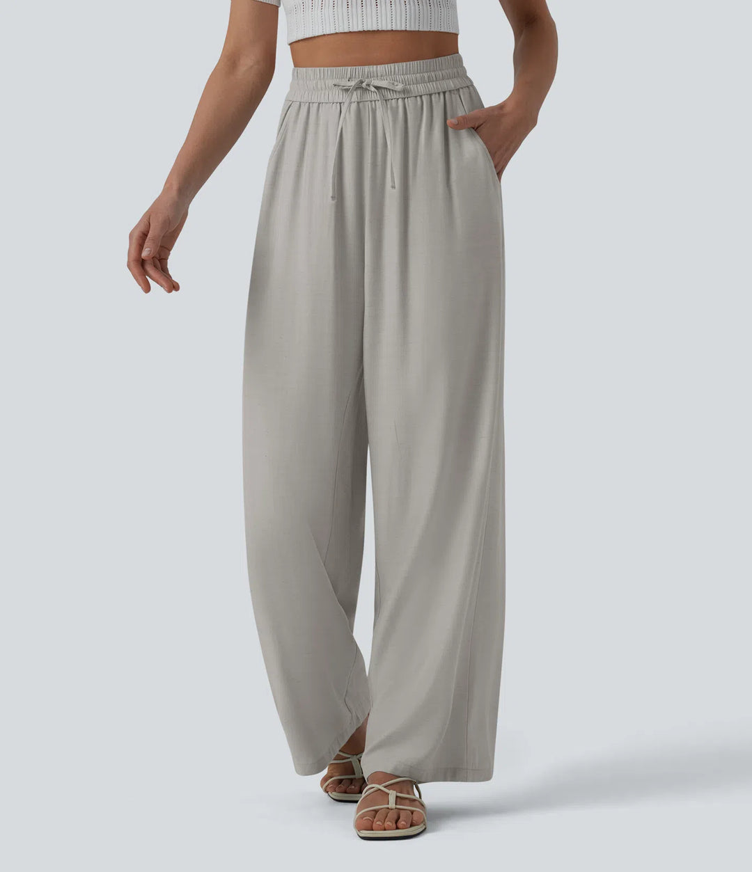 Pantalon casual large mélange lin taille haute avec cordon de serrage et poches