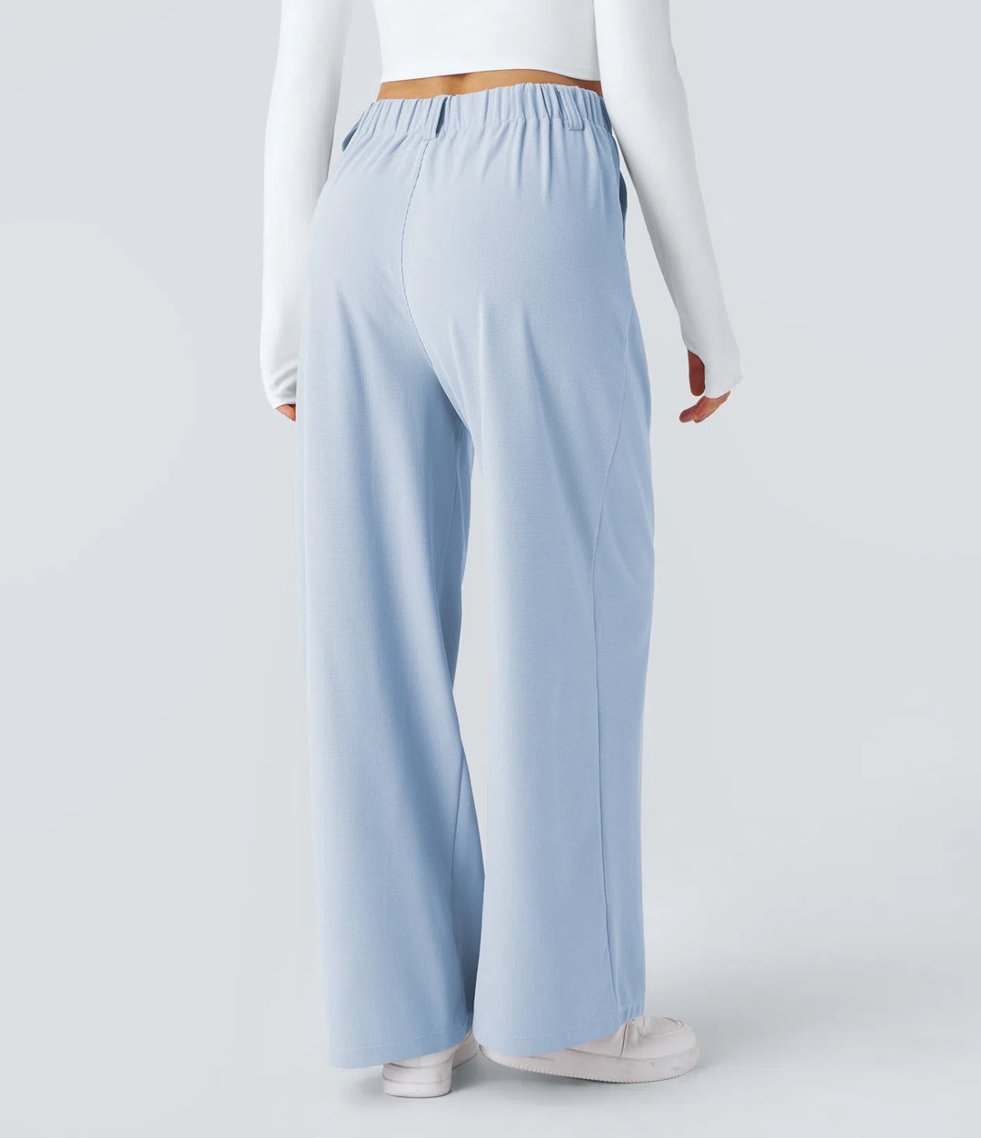 Pantalon Tailleur Large Fluide Gaufré Taille Haute Poches Latérales
