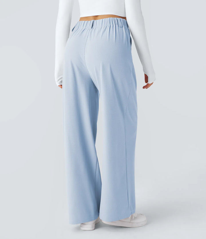 Pantalon Tailleur Large Fluide Gaufré Taille Haute Poches Latérales