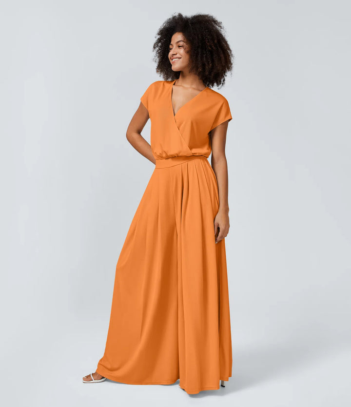 Combinaison Casual Col en V Jambes Large Plissée Manches Courtes Poche Latérale Gaufrée Fluide