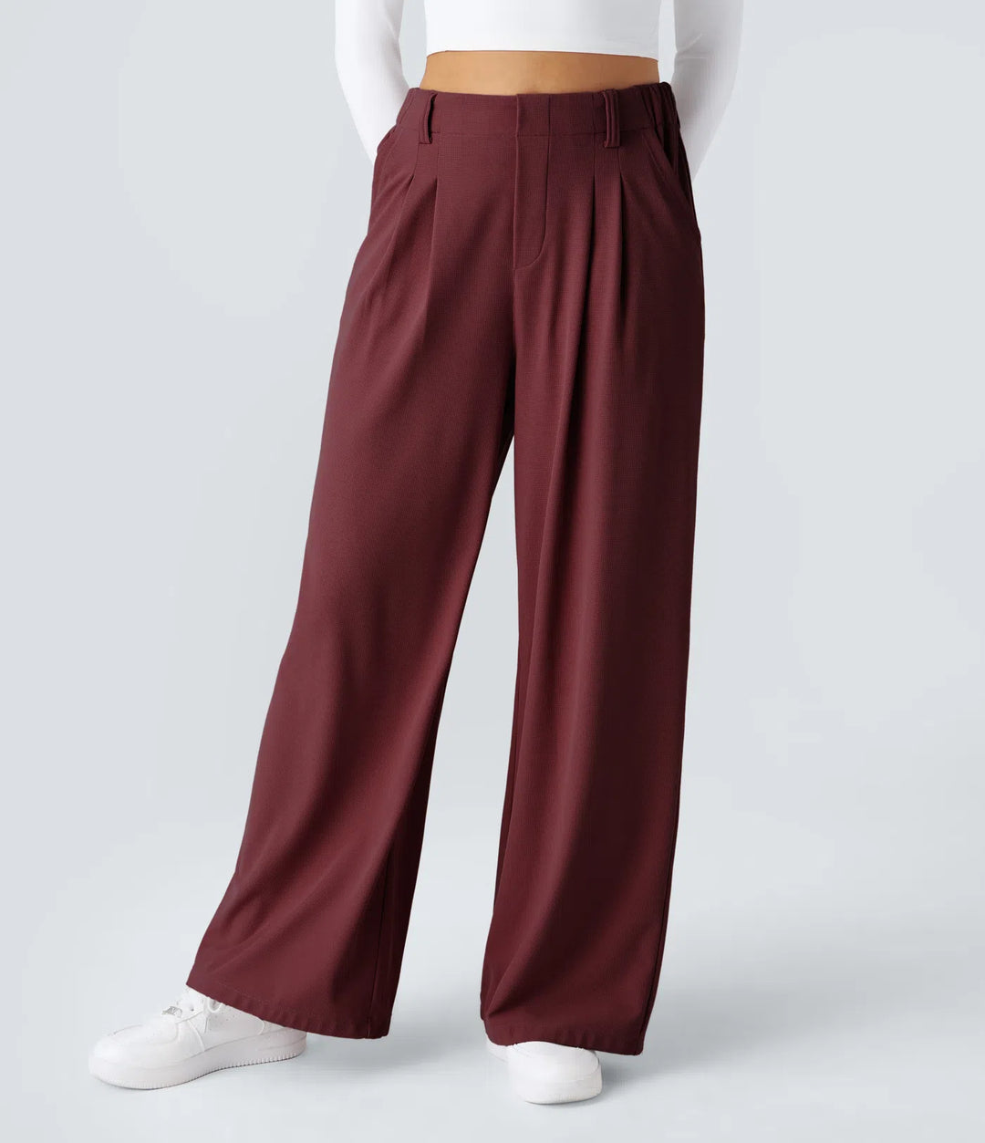 Pantalon Tailleur Large Fluide Gaufré Taille Haute Poches Latérales