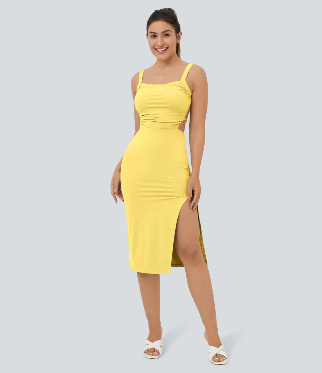 Robe midi casual laquée fendue, brassière intégrée, dos nu croisé