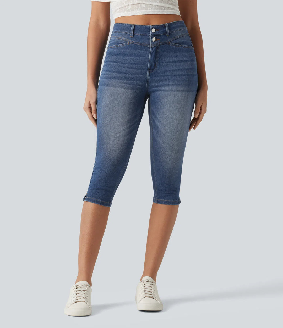 Jean slim casual capri taille haute avec fentes et poches