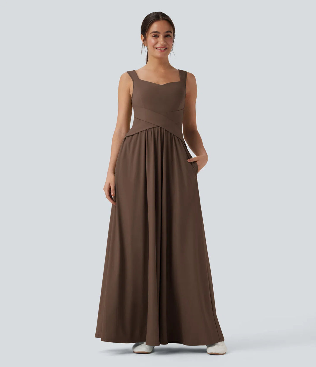 Robe maxi casual fluide dos nu, avec brassière intégrée et poches