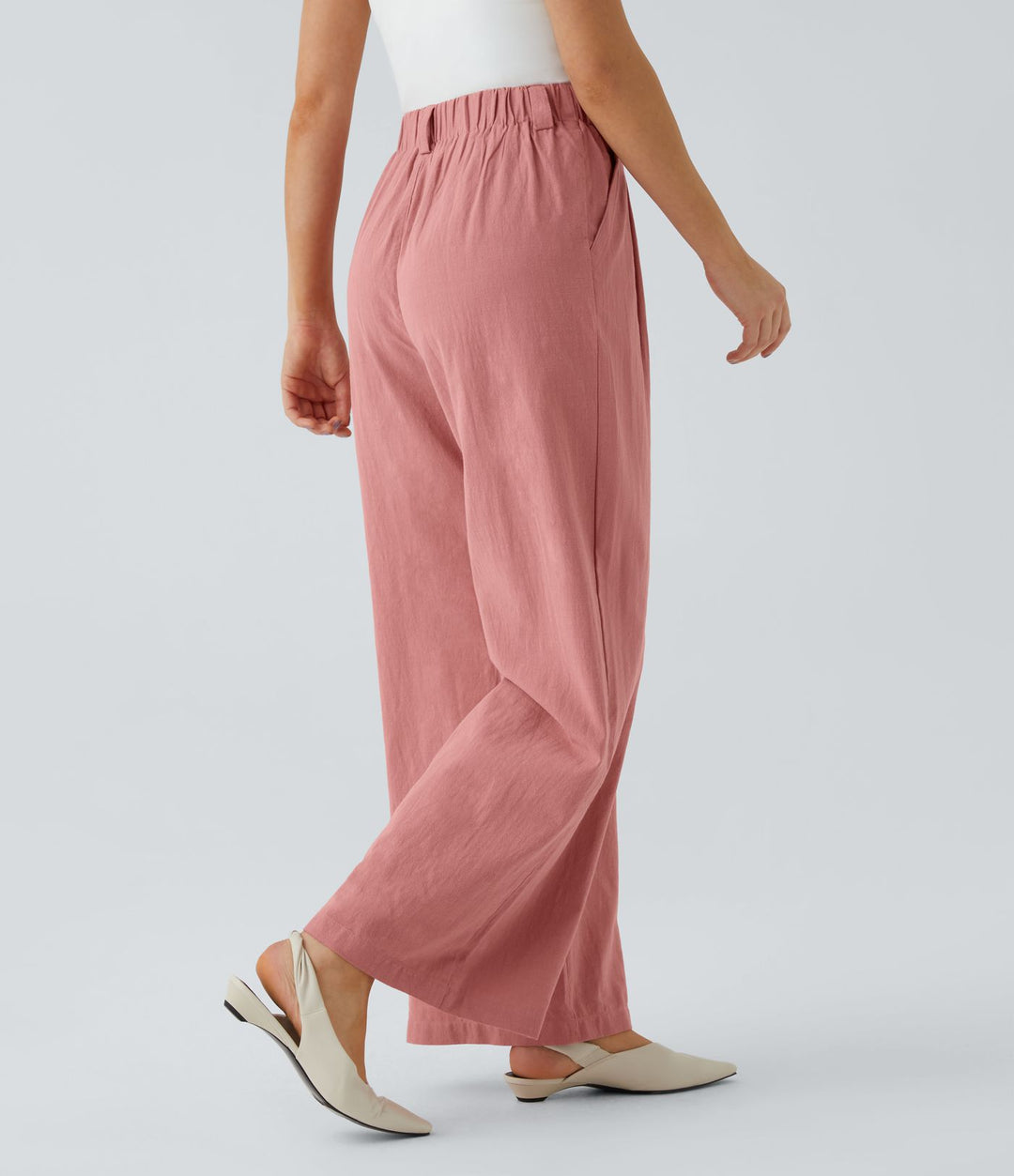 Pantalon Fluide Large Taille Haute Poches Latérales Palazzo Solide Casual Linen-Feel