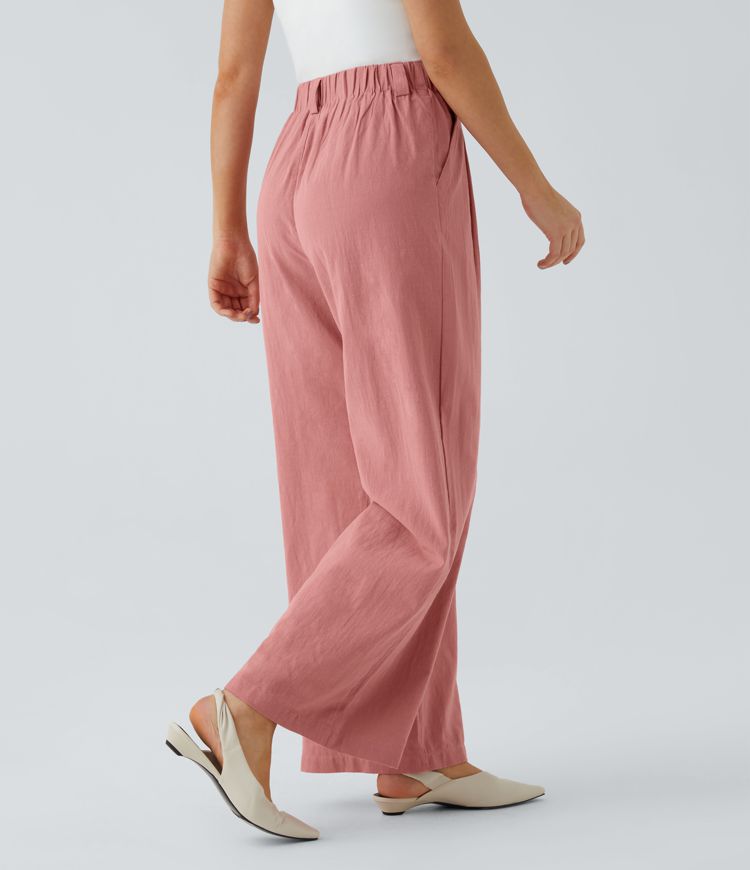 Pantalon Fluide Large Taille Haute Poches Latérales Palazzo Solide Casual Linen-Feel
