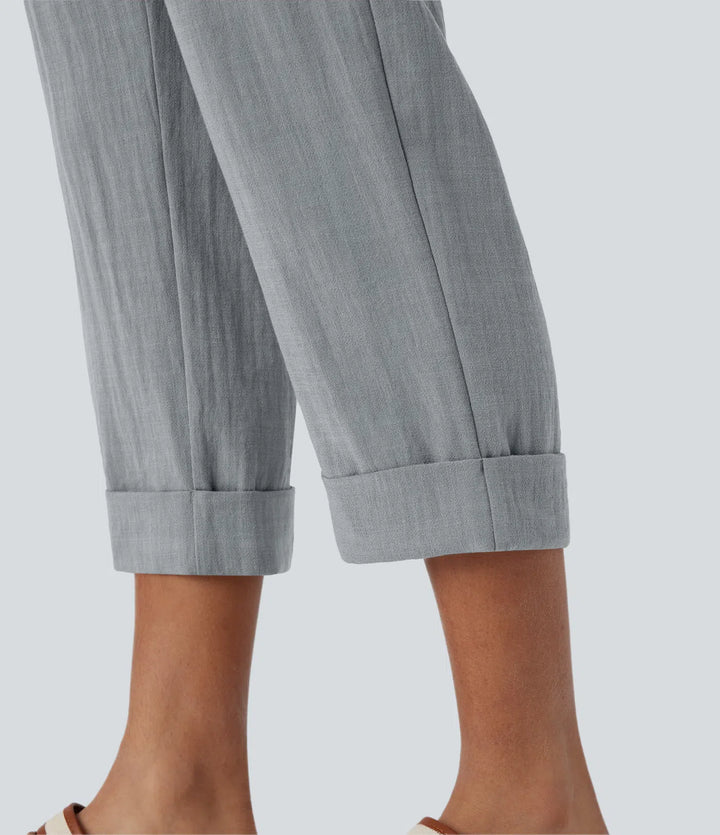 Pantalon capri effet lin taille haute avec poches zippées