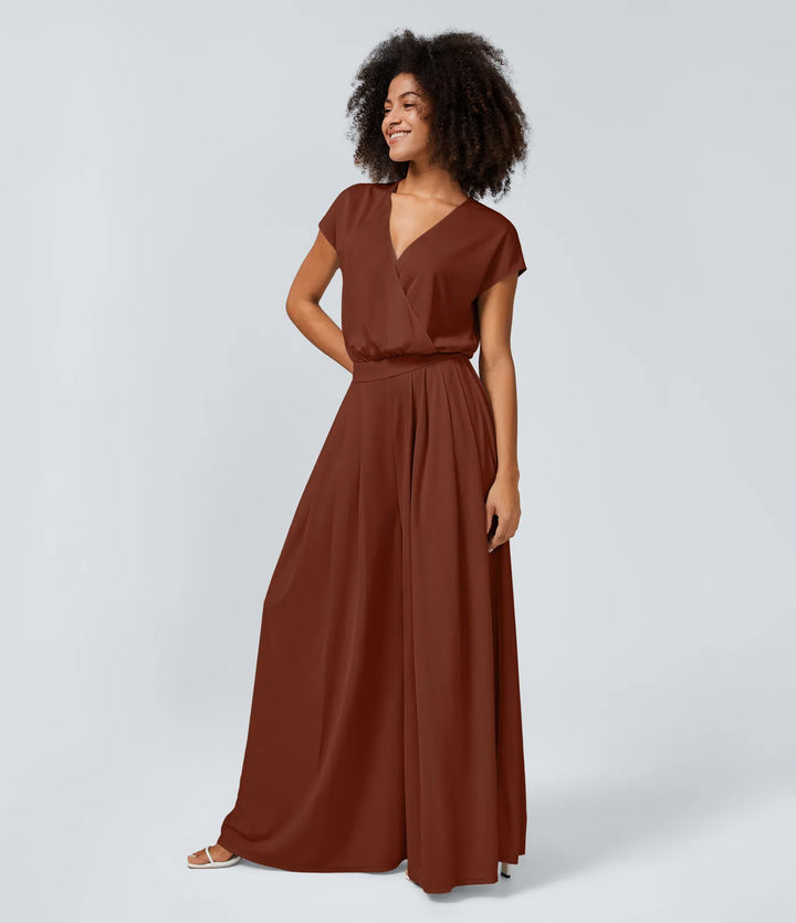 Combinaison Casual Col en V Jambes Large Plissée Manches Courtes Poche Latérale Gaufrée Fluide