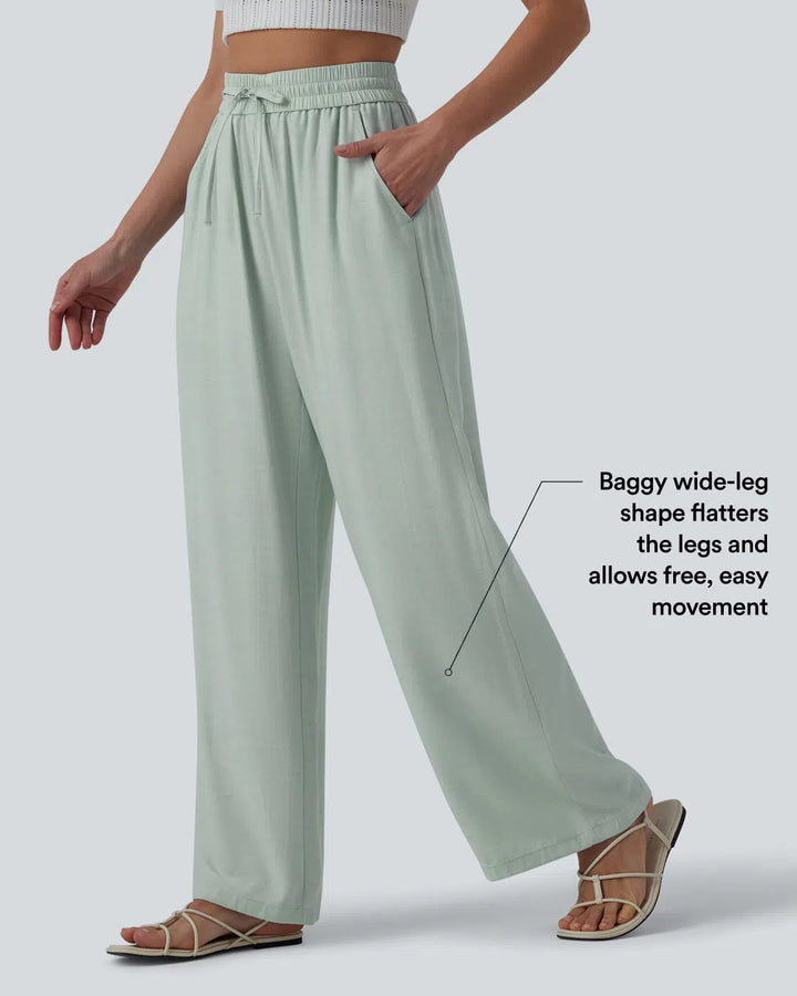 Pantalon casual large mélange lin taille haute avec cordon de serrage et poches