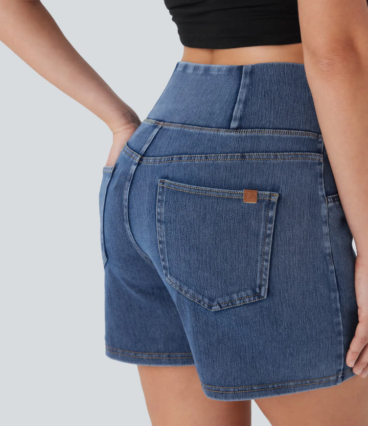 Jean & Marie Short décontracté évasé à jambe large en denim extensible délavé taille haute croisée avec poches multiples