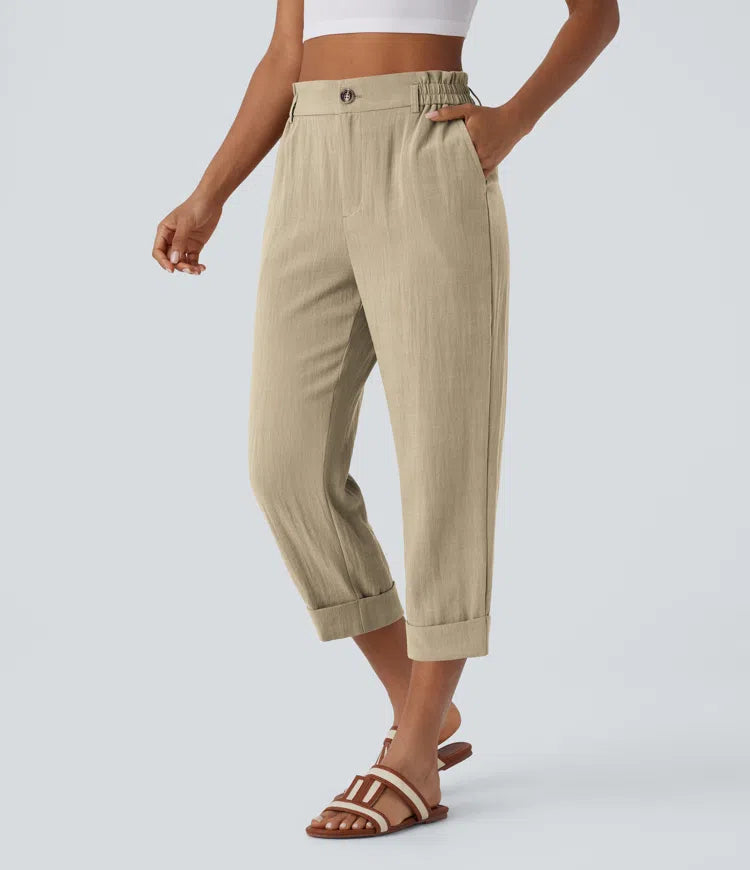Pantalon capri effet lin taille haute avec poches zippées