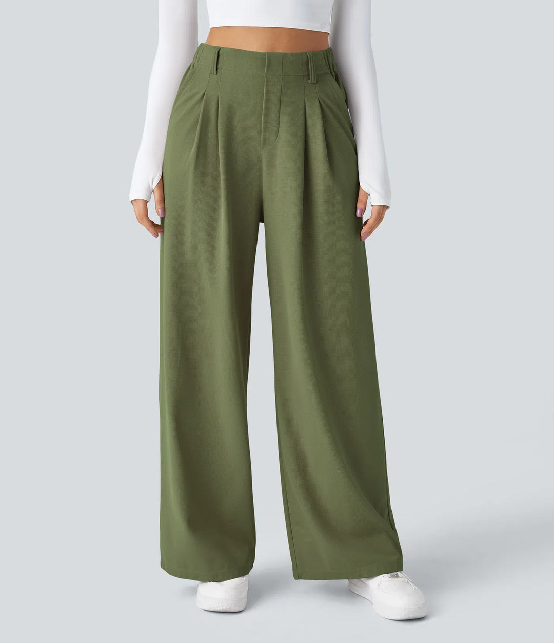 Pantalon Tailleur Large Fluide Gaufré Taille Haute Poches Latérales