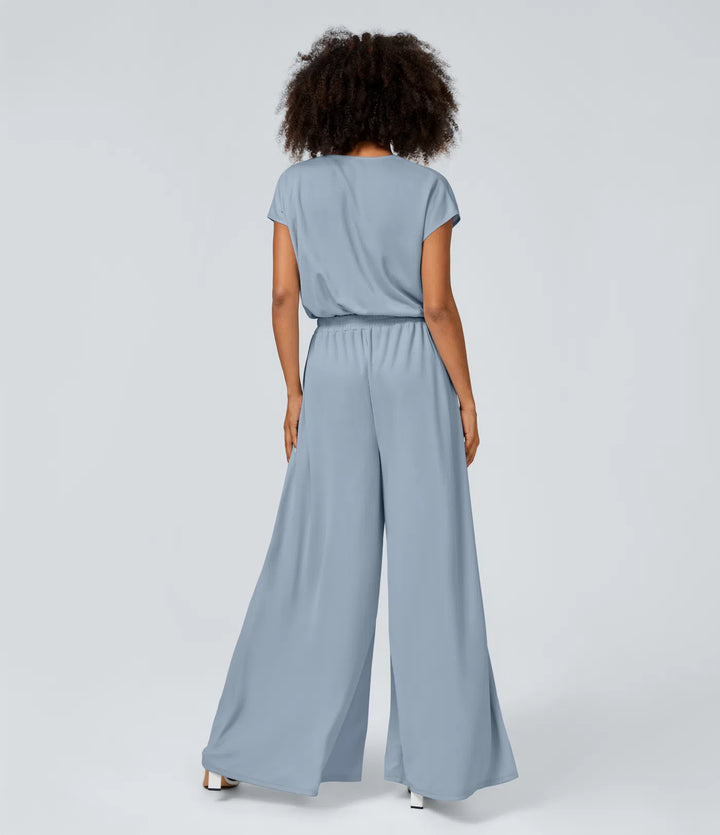 Combinaison Casual Col en V Jambes Large Plissée Manches Courtes Poche Latérale Gaufrée Fluide