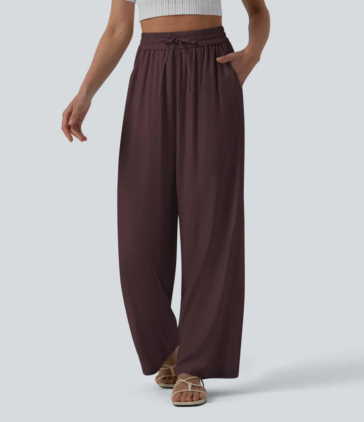 Pantalon casual large mélange lin taille haute avec cordon de serrage et poches