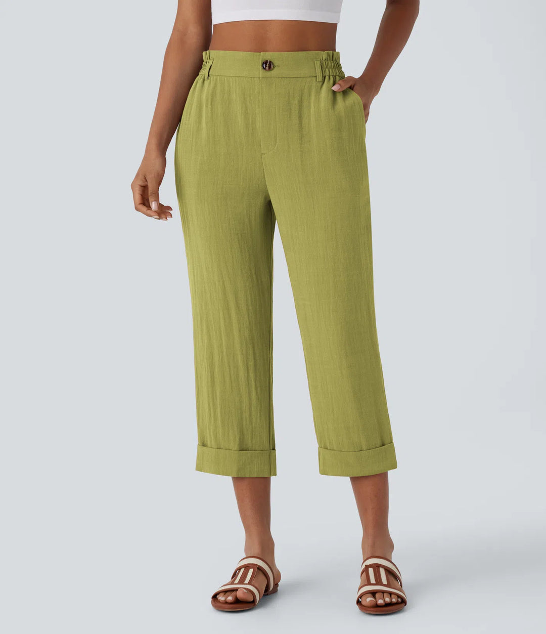 Pantalon capri effet lin taille haute avec poches zippées