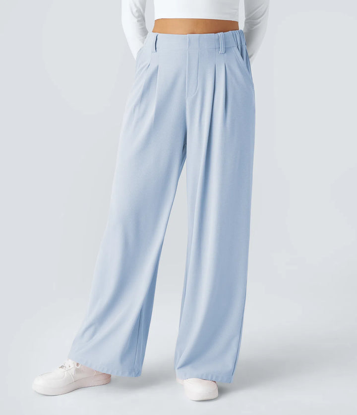 Pantalon Tailleur Large Fluide Gaufré Taille Haute Poches Latérales