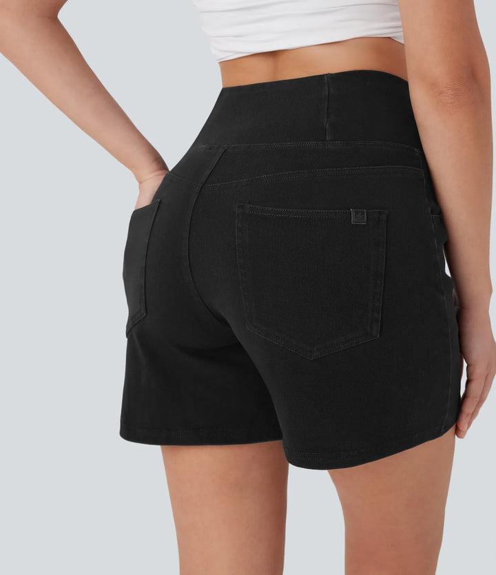 Jean & Marie Short décontracté évasé à jambe large en denim extensible délavé taille haute croisée avec poches multiples