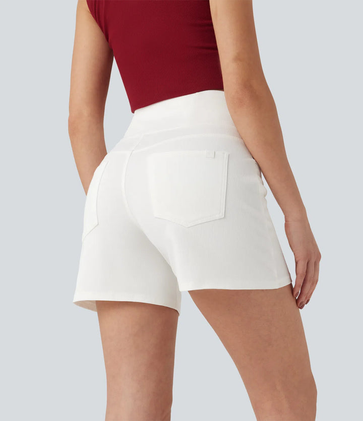Jean & Marie Short décontracté évasé à jambe large en denim extensible délavé taille haute croisée avec poches multiples
