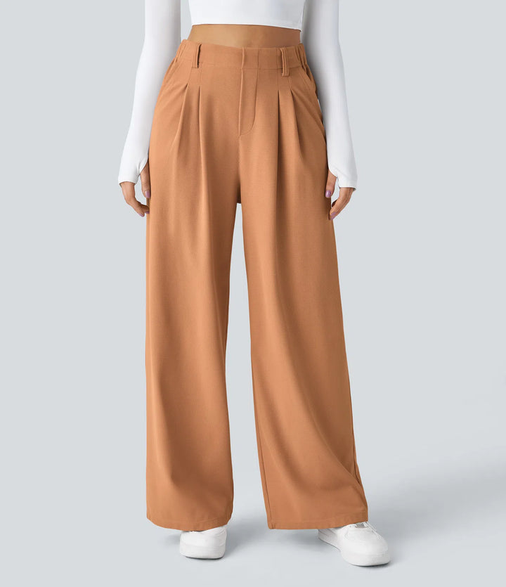 Pantalon fluide à taille haute et jambes larges, en tissu gaufré, avec poches latérales